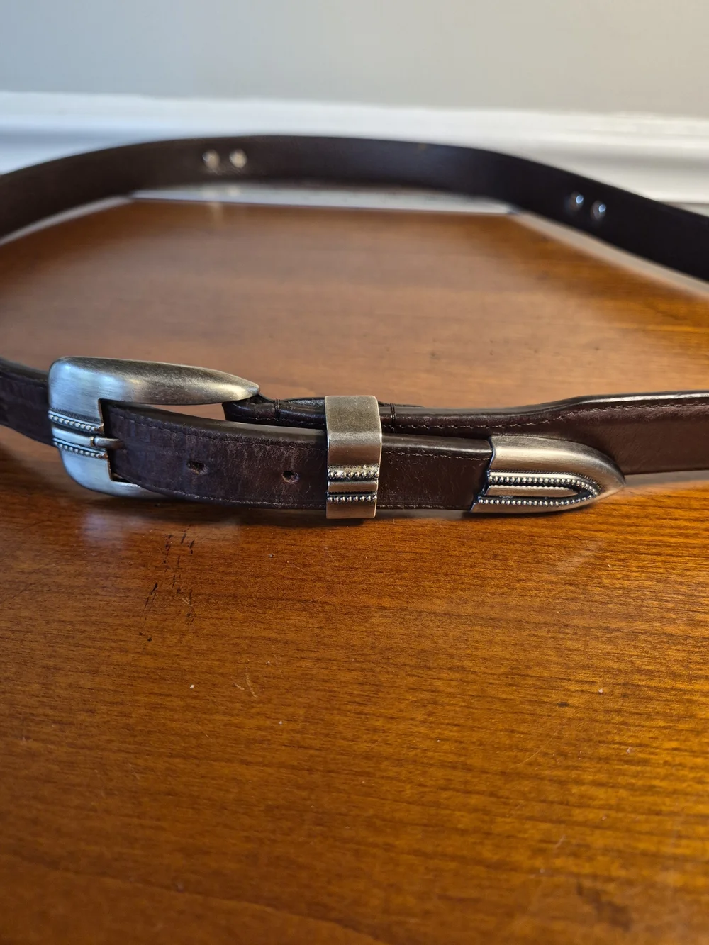 Men's Dark Brown Leather Belt with Silver Western Buckle Size 46